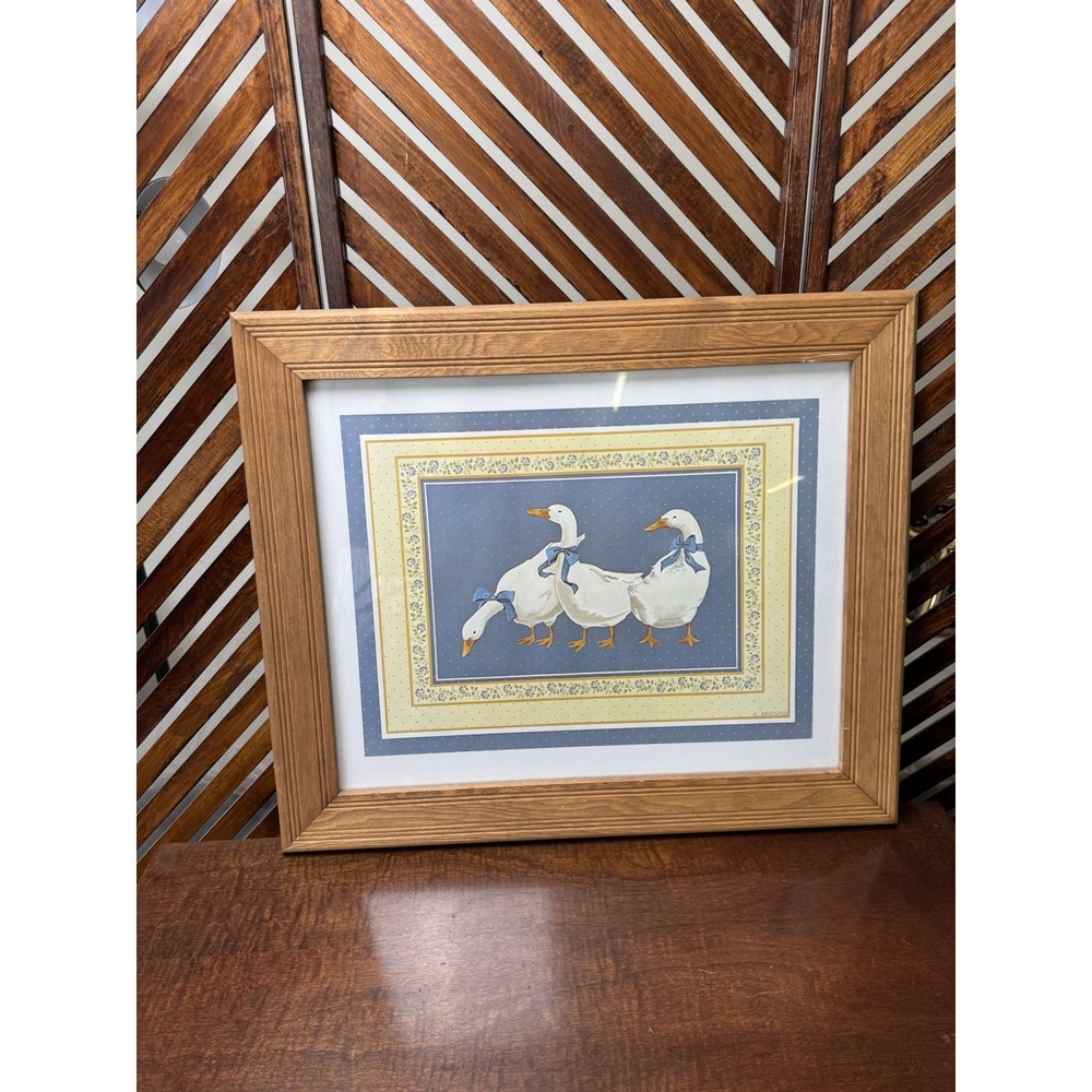 80s Vintage 3 Ducks Geese Framed Art Print Cottage Core  24.5 X 20.5 Inches